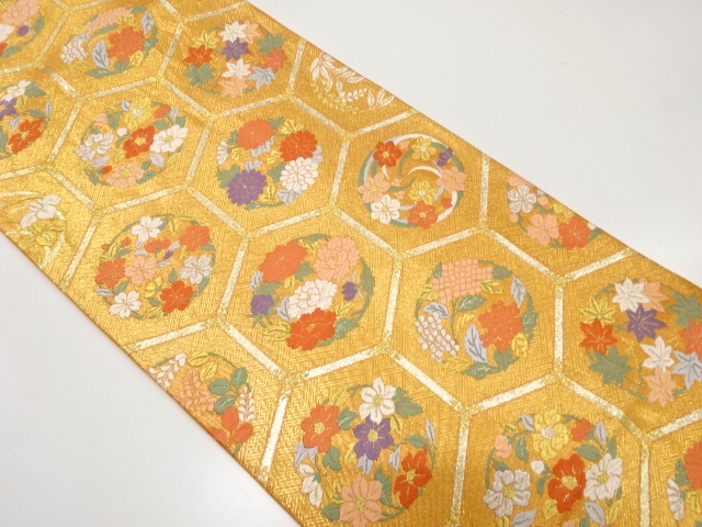 野々村織物製　亀甲に花丸模様織り出し　袋帯